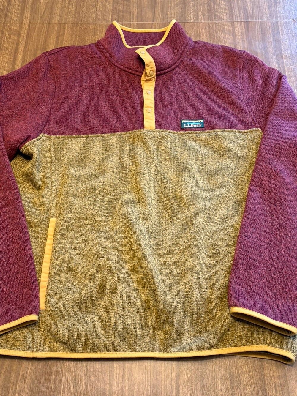 LL Bean Sweater Fleece Pullover Mens Large Green Maroon Slightly Fitted 1/4 Snap